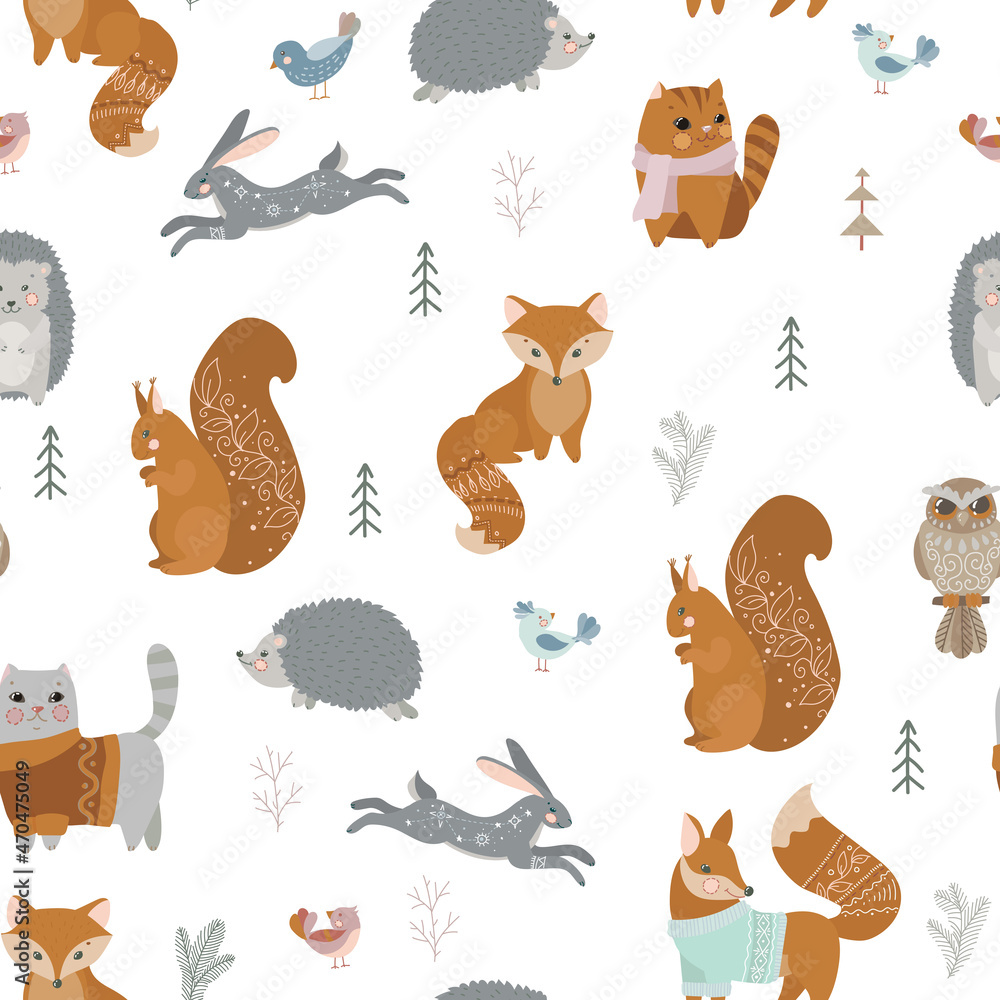 Obraz premium Seamless pattern with Animals and plants in boho or scandinavian style. Christmas items with winter elements and holiday wishes. Winter vector illustration isolated on white background.