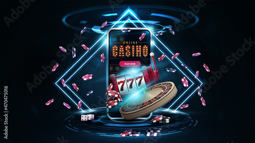 Photo Online casino, banner with podium with smartphone, casino slot machine, Casino R