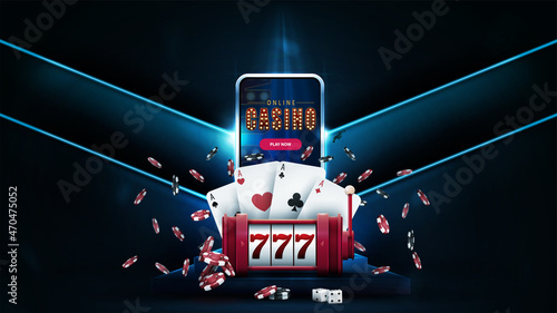 Online casino, banner with smartphone on podium, red slot machine, poker chips and playing cards in empty room with neon blue large arrows on wall
