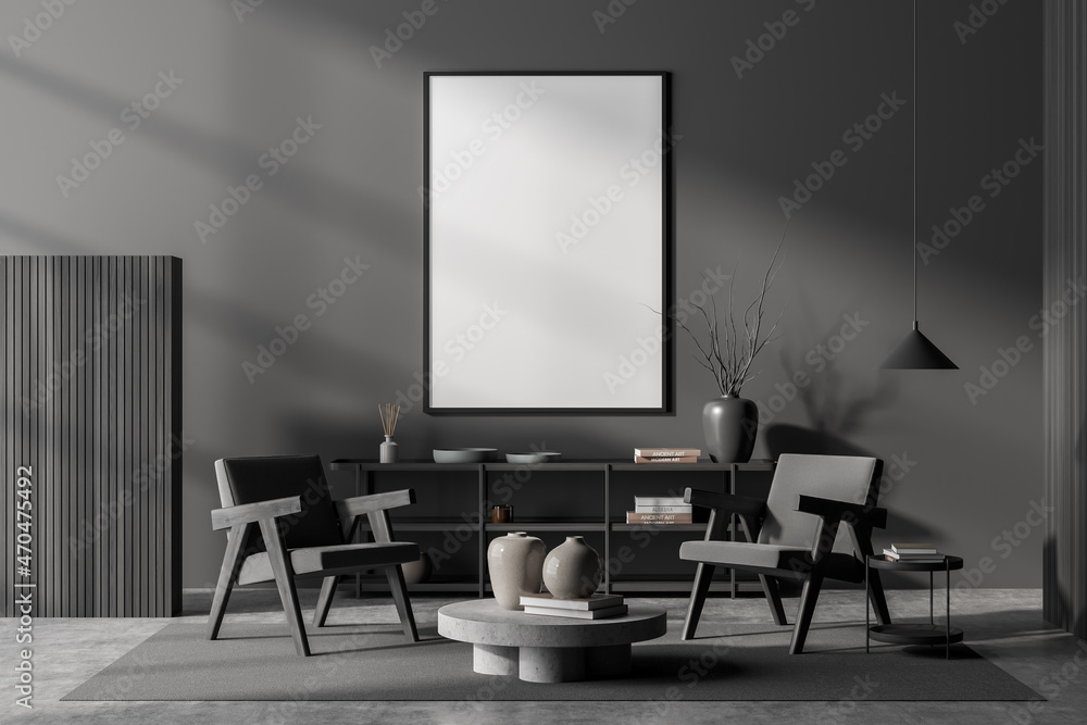 Leinwandbild Motiv - denisismagilov : Grey living room interior with armchairs and coffee table, mockup poster