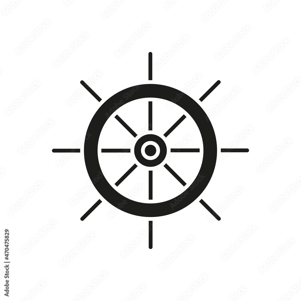 Helm black icon. Navigation sea ocean symbol. Ship steering wheel silhouette. Boat rudder pictogram. Nautical maritime sign. Vector illustration isolated on white Helm black icon. Navigation sea ocean symbol. Ship steering wheel silhouette. Boat rudder pictogram. Nautical maritime sign. Vector illustration isolated on white