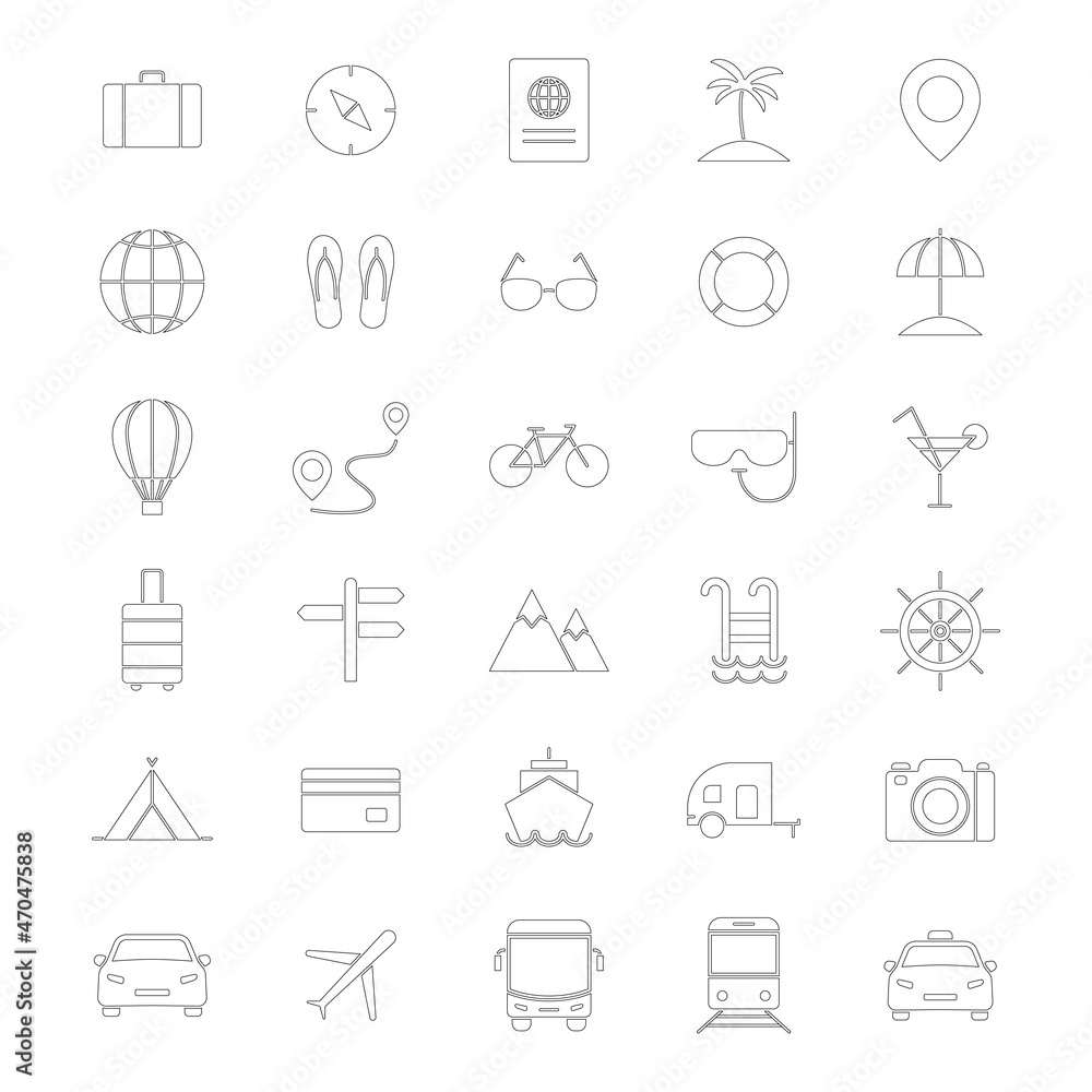 Travel line icons set. Vocation outline large collection. Vector isolated on white. Travel line icons set. Vocation outline large collection. Vector isolated on white.