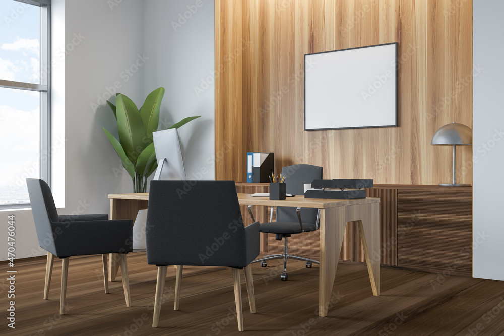 Light business consulting room interior with furniture and window. Mockup poster Light business consulting room interior with furniture and window. Mockup poster