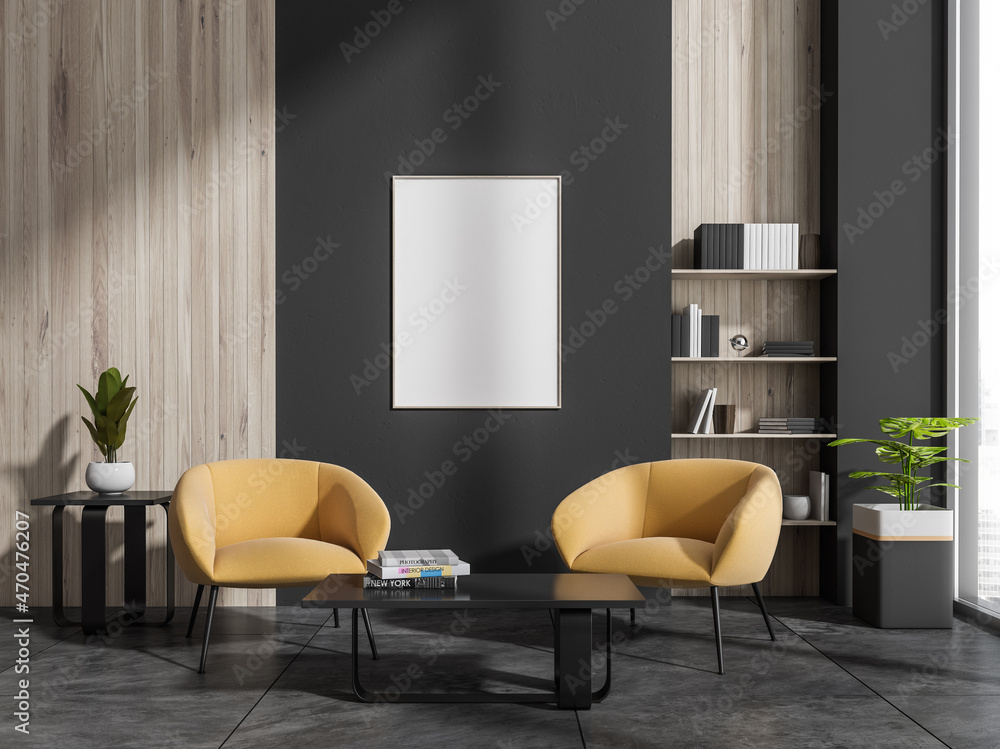 Dark living room interior with armchairs and coffee table, mockup poster