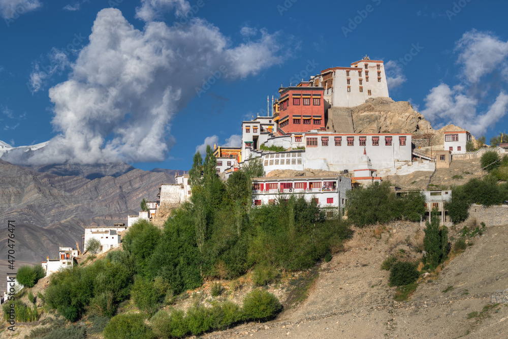 Thiksay monastery with view of Himalayan mountians and blue sky in background,Ladakh,Jammu and Kashmir, India