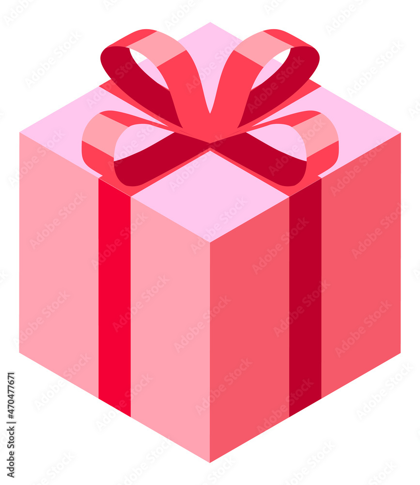 Pink gift box with red ribbon. Romantic present icon Pink gift box with red ribbon. Romantic present icon