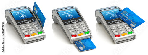 POS terminal with credit card with different types of using isolated on white. photo