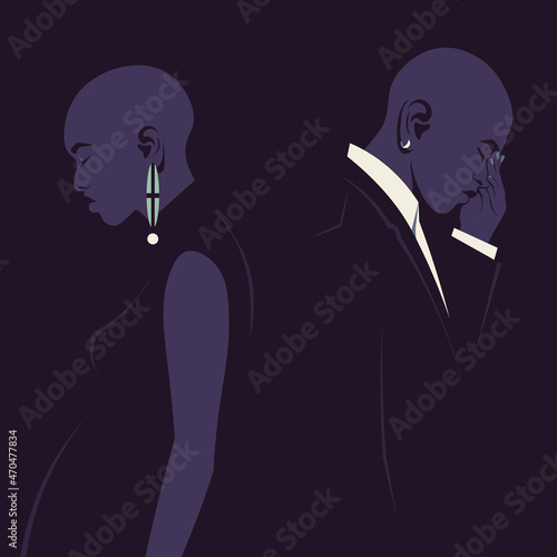 Profiles of young African couple. Pregnant woman and young man. Family conflict. Divorce. Psychology. Husband and wife. Vector flat illustration