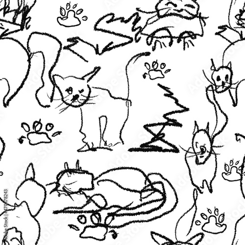 Hand Drawn Children scribbles, Seamless pattern with abstract Cats scribbles, Crayon Tiled Background, Kid pencil drawing, Cat sketch texture, Children doodle Black and white chalk on white background