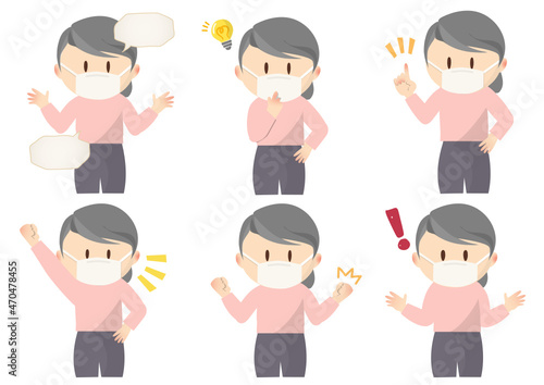 Elderly women with various gestures, with masks,さまざまな仕草の年配の女性,マスクあり