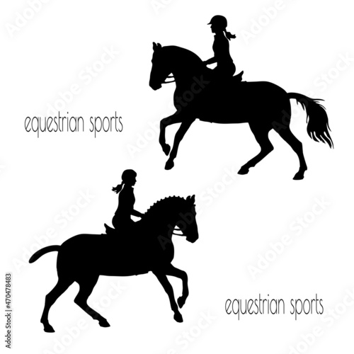 black silhouettes isolated on a white background, equestrian, girl on a horse