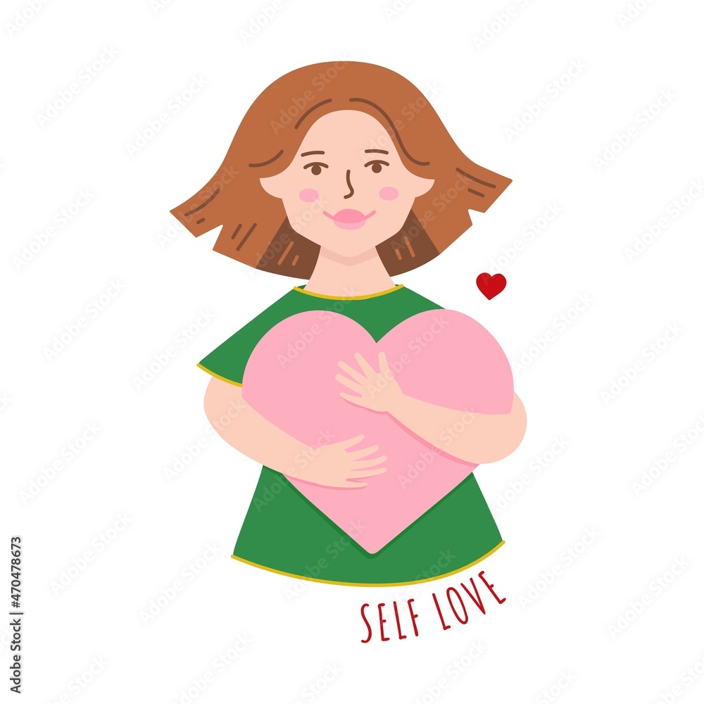 Happy woman hugging red heart isolated on white background. Mother day illustration. Self care concept vector illustration Happy woman hugging red heart isolated on white background. Mother day illustration. Self care concept vector illustration