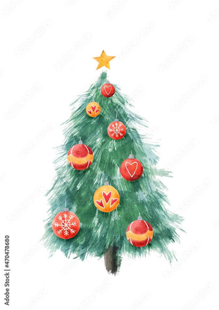 Obraz premium Watercolor Christmas tree with star and balls isolated on white background. Design of Christmas cards, invitations,banners, flyers, print.