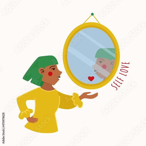 The girl looks at herself in the mirror with love. Self acceptance and self care concept vector illustration. Self love club illustration