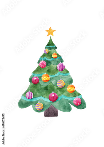 Watercolor Christmas tree with star and balls isolated on white background. Design of Christmas cards, invitations,banners, flyers, print.