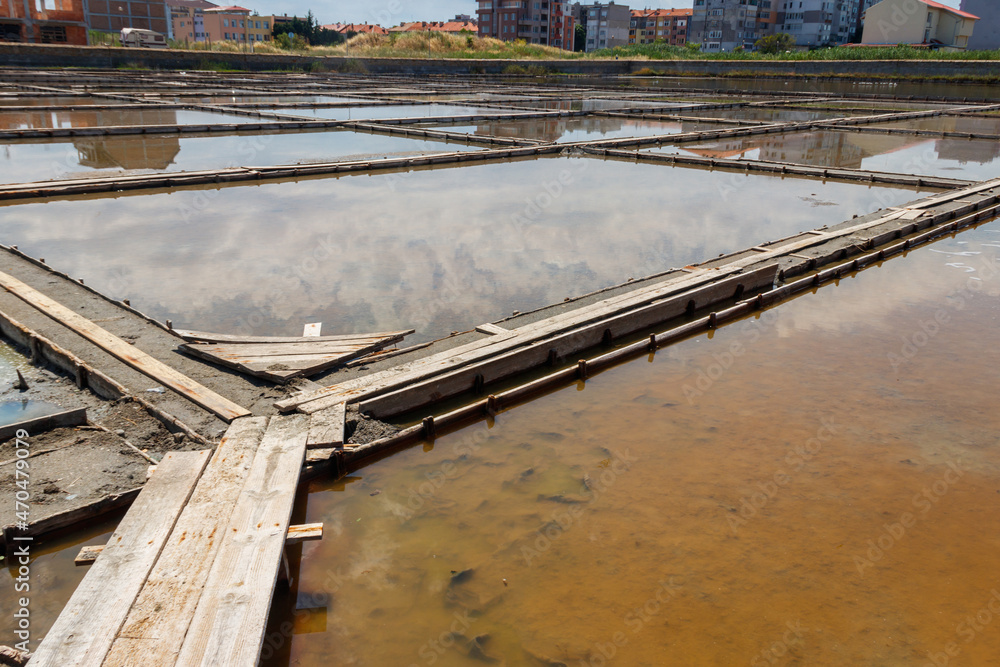 Artificial pond from which salt is extracted in Pomorie, Bulgaria