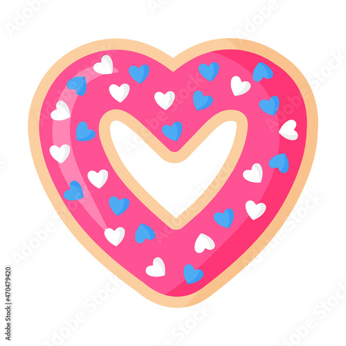 Valentine's Day heart shaped pink donut with icing and hearts.