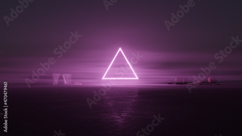 Neon triangle industrial setting in fog