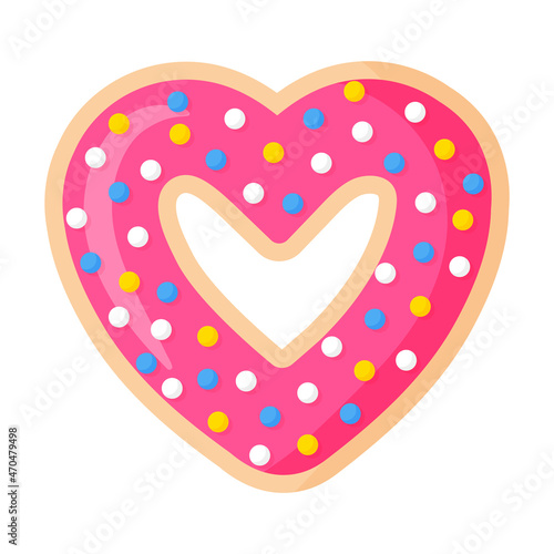 Valentine's Day heart shaped pink donut with icing and pastry topping.
