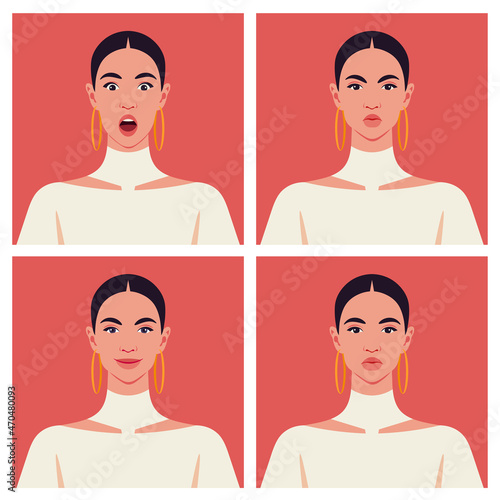 A set of emotions of a Latin American woman's face. Avatars. Happiness, anger, sadness and surprise. Vector illustration