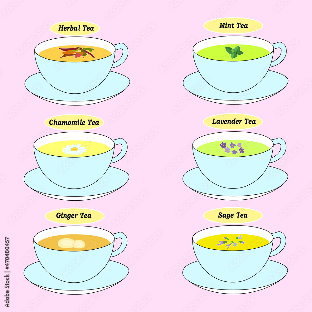 easy to edit vector illustration of a set of different types of tea in