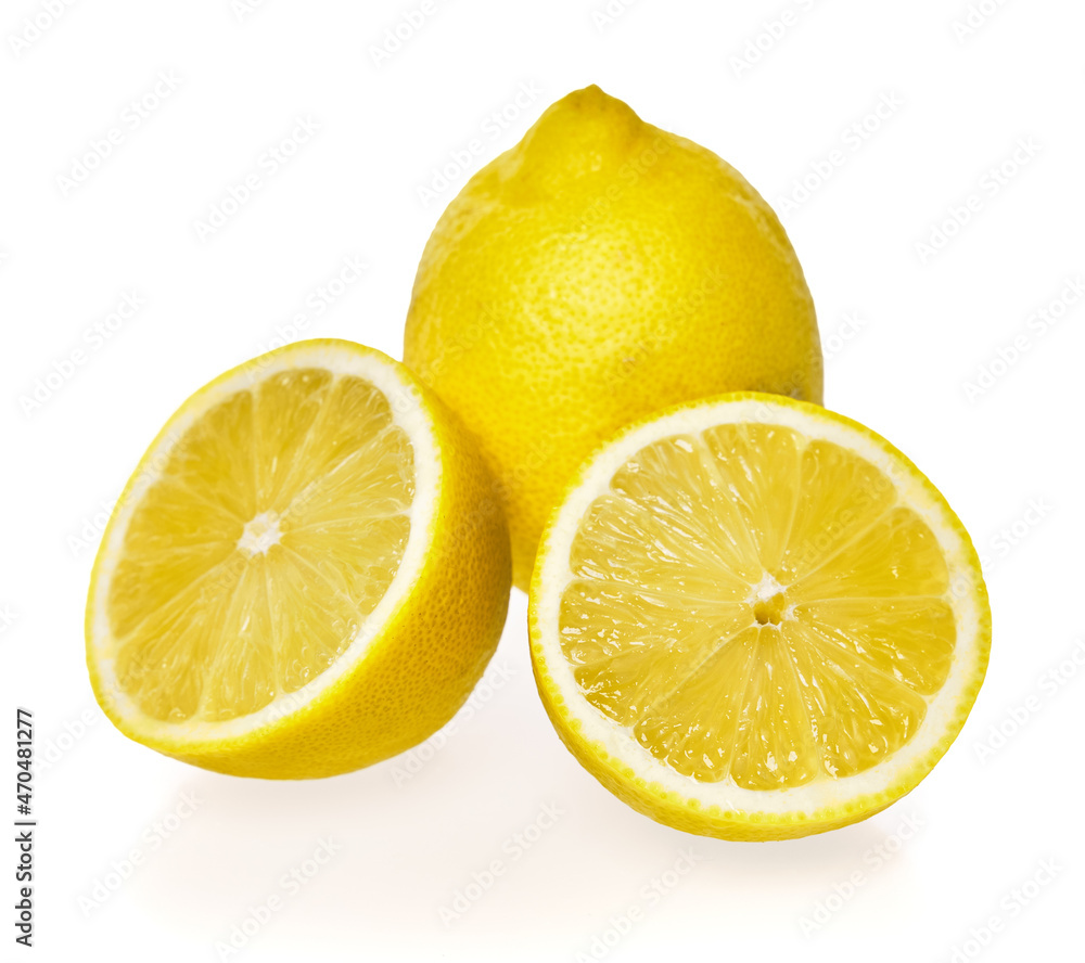 Single and two halves lemon fruit isolated on a white background Single and two halves lemon fruit isolated on a white background