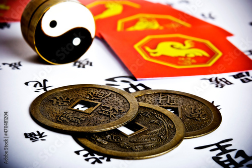 China astrology with yin yang and chinese astrological signs and iching coins  photo
