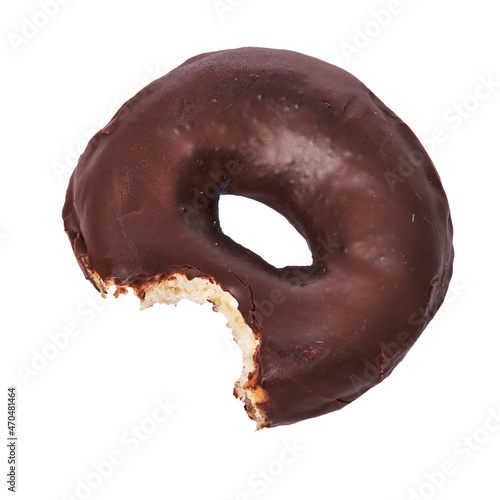 Canvas Print Single bitten chocolate doughnut isolated on a white background