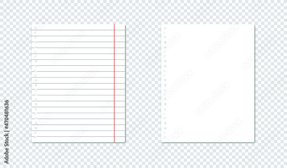 lined paper sheets of notebook or copybook. Vector realistic paper sheet of lines and blank notepad pages set isolated on transparent background. Vector illustration lined paper sheets of notebook or copybook. Vector realistic paper sheet of lines and blank notepad pages set isolated on transparent background. Vector illustration