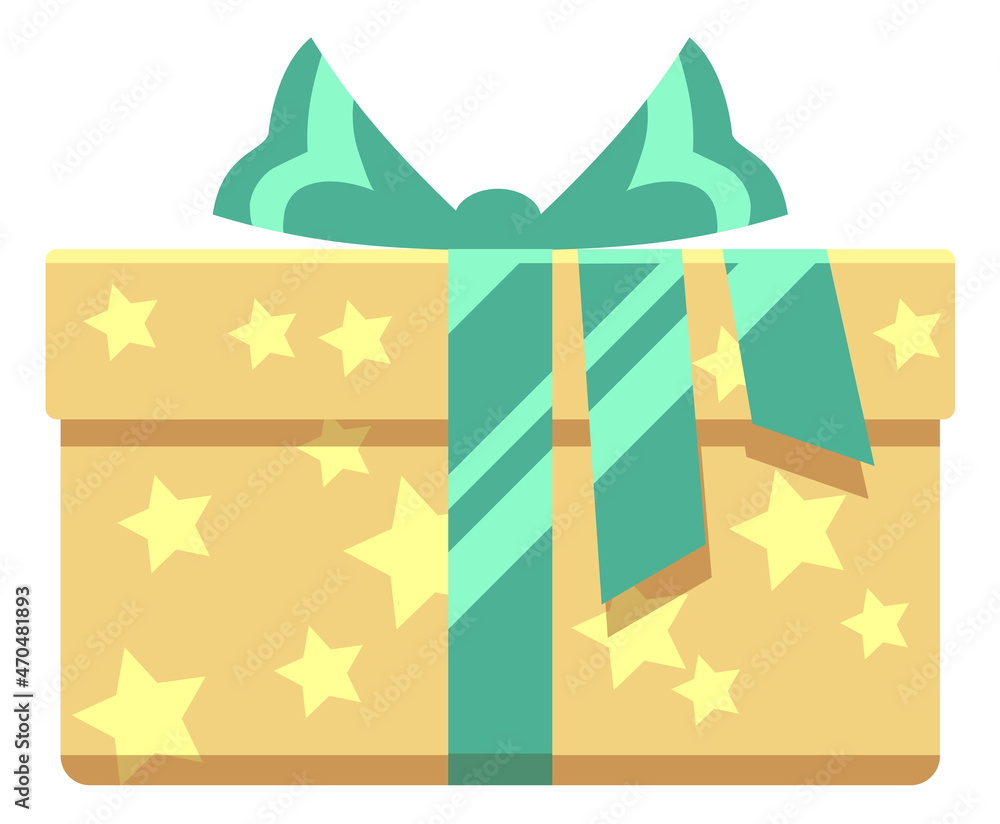 Fototapeta premium Present box icon. Celebration gift wrapped in star pattern paper. Side view