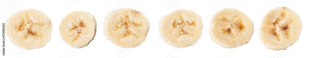 Collage of slices of banana isolated on a white background Collage of slices of banana isolated on a white background