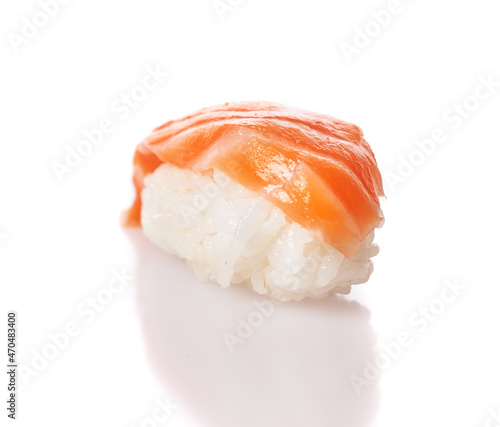  Single salmon nigiri sushi isolated on white background