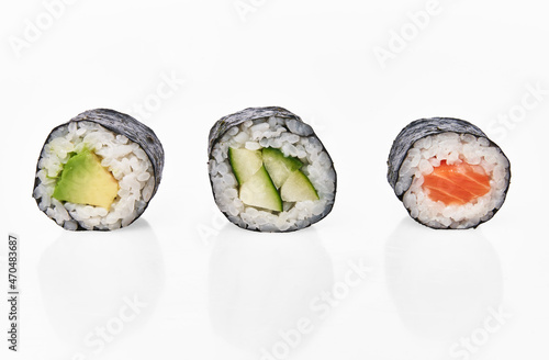  Group of avocado, salmon and cucumber sushi makis isolated on white background