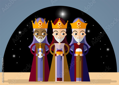 Christmas card in retro style with three kings bringing gifts to Jesus. Vector illustration in cartoon style.
