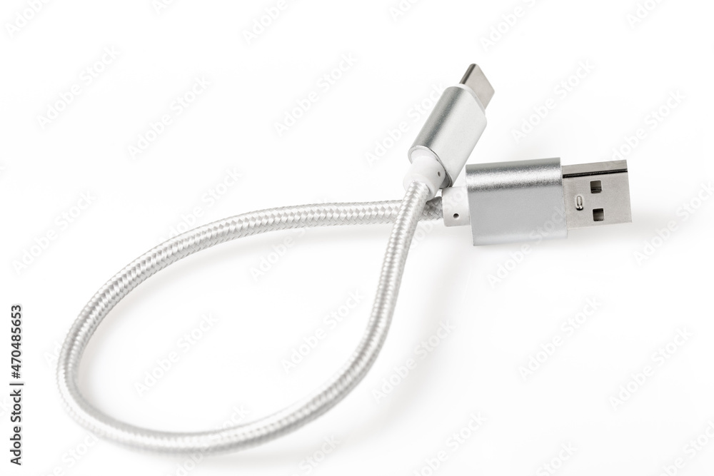USB Data and Power Cable on White Background. Close up USB Data and Power Cable on White Background. Close up