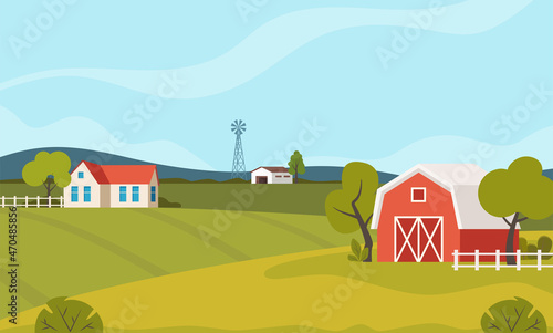 Foto Farm scene with red barn and windmill, trees, fence, haystack