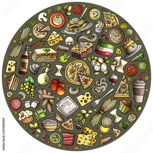 Set of Italian food cartoon doodle objects, symbols and items