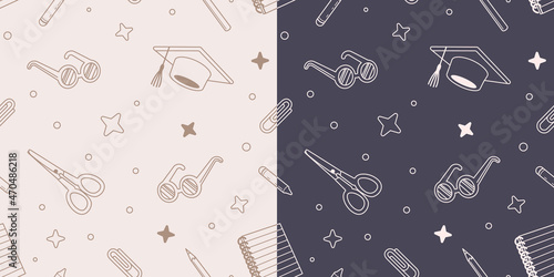 Back to school seamless pattern. Hand draw doodle illustration with school supplies. Scissors, square academic cap, glasses, pencil. Vector
