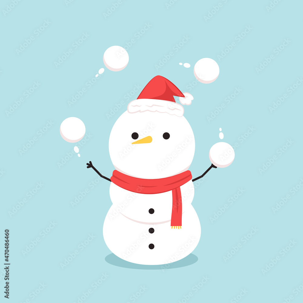 Snowman character design. Snowman vector illustration on blue background. Snow ball.