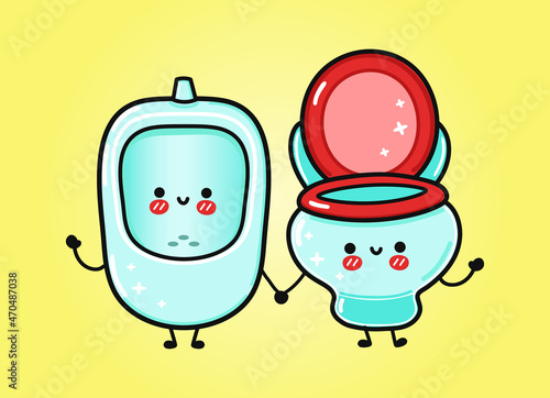 Cute, funny happy urinal and toilet character. Vector hand drawn cartoon kawaii characters, illustration icon. Funny cartoon urinal and toilet friends concept