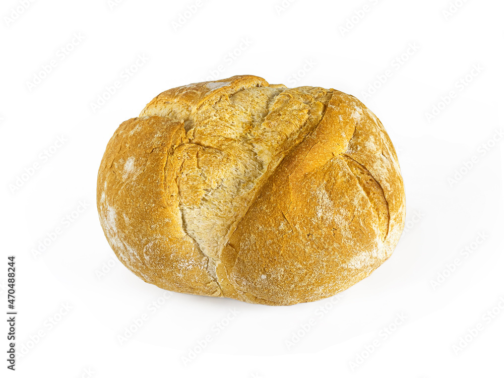Round French bread baked in a bakery, on a white background Round French bread baked in a bakery, on a white background
