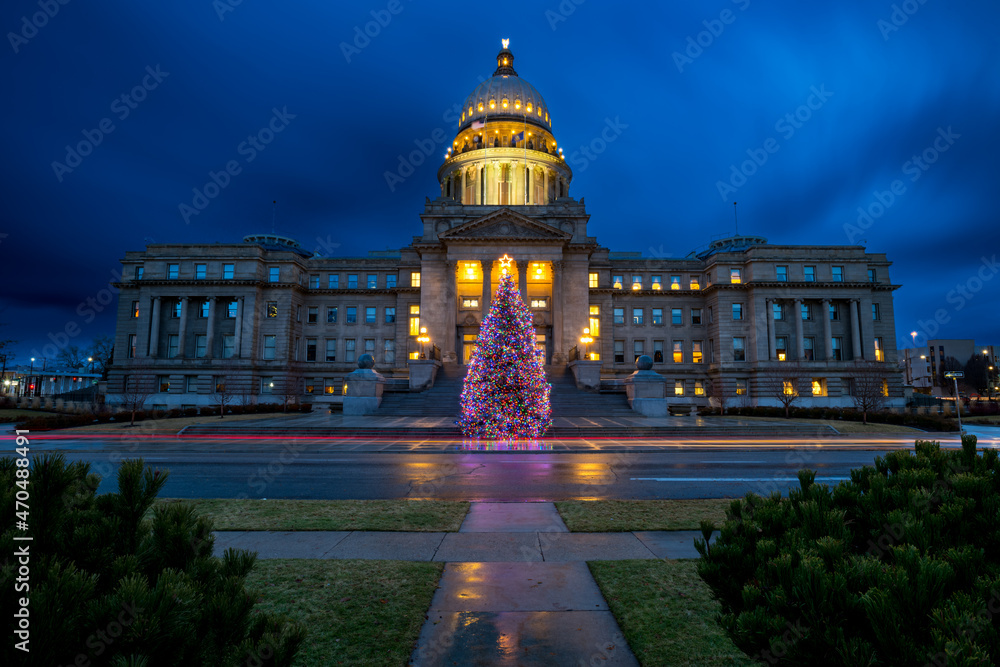 Idaho state capital Christmas tree at night