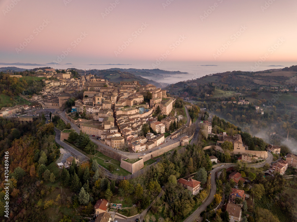 Italy november 2021: aerial view of the medieval village of Urbino, a unesco heritage site in the province of Pesaro in the Marche region