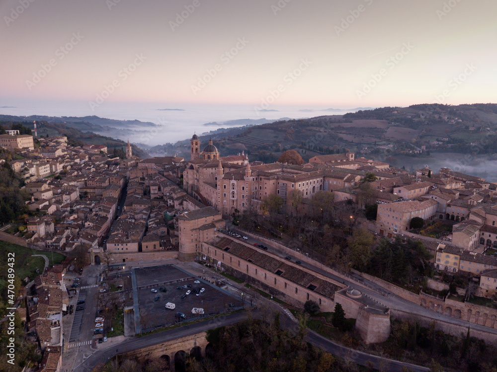 Italy november 2021: aerial view of the medieval village of Urbino, a unesco heritage site in the province of Pesaro in the Marche region