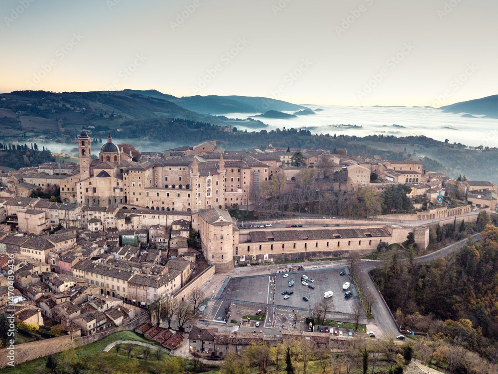 Italy november 2021: aerial view of the medieval village of Urbino, a unesco heritage site in the province of Pesaro in the Marche region