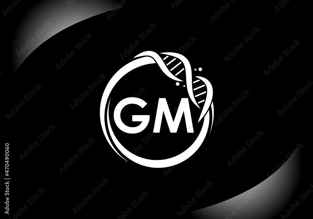 Black letter GM monogram alphabet in a circle with DNA. Genetics logo design  concept. Font emblem.Modern vector logo for medicine, science, laboratory,  business, and company identity. Stock Vector