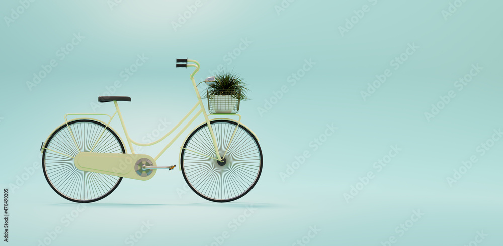Vintage bicycle with tree pot in basket, 3D illustrations rendering