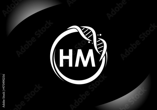 Black letter HM monogram alphabet in a circle with DNA. Genetics logo design concept. Font emblem.Modern vector logo for medicine, science, laboratory, business, and company identity.