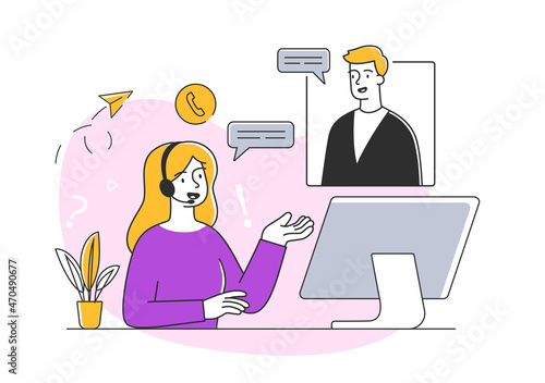 Hotline operators concept. Customer service representative talking to the client. Flat cartoon outline vector illustration