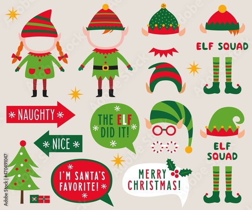 Elf party, Christmas vector photo booth props